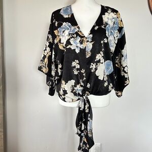 Chrysanthemum Tie-Front V-Neck Floral Blouse - Black with Blue & Cream Flowers